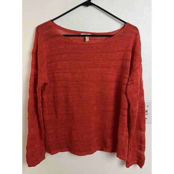 Eileen Fisher Linen Slub Stitch Coral Geran Bateau Neck Top Size M - Picture 9 of 11